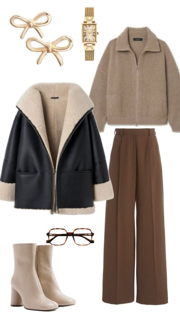 women winter wear in kottakkall. beige sweater and forma pantes and leather black jacket