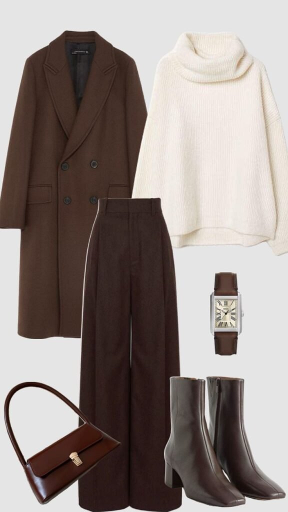 women winter wear in kottakkal. cream color sweater with coffee brown shrug and pants