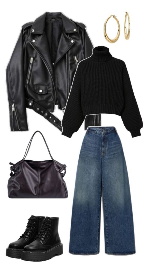women winter wear in kottakkall. black sweater with leather jacket and blue jeans