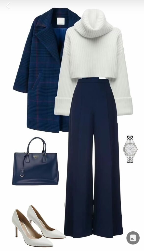 women winter wear in kottakkall. blue pants with white crop sweater and shrug