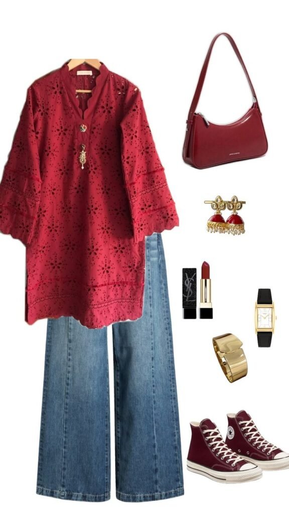 women desi outfit red kurti